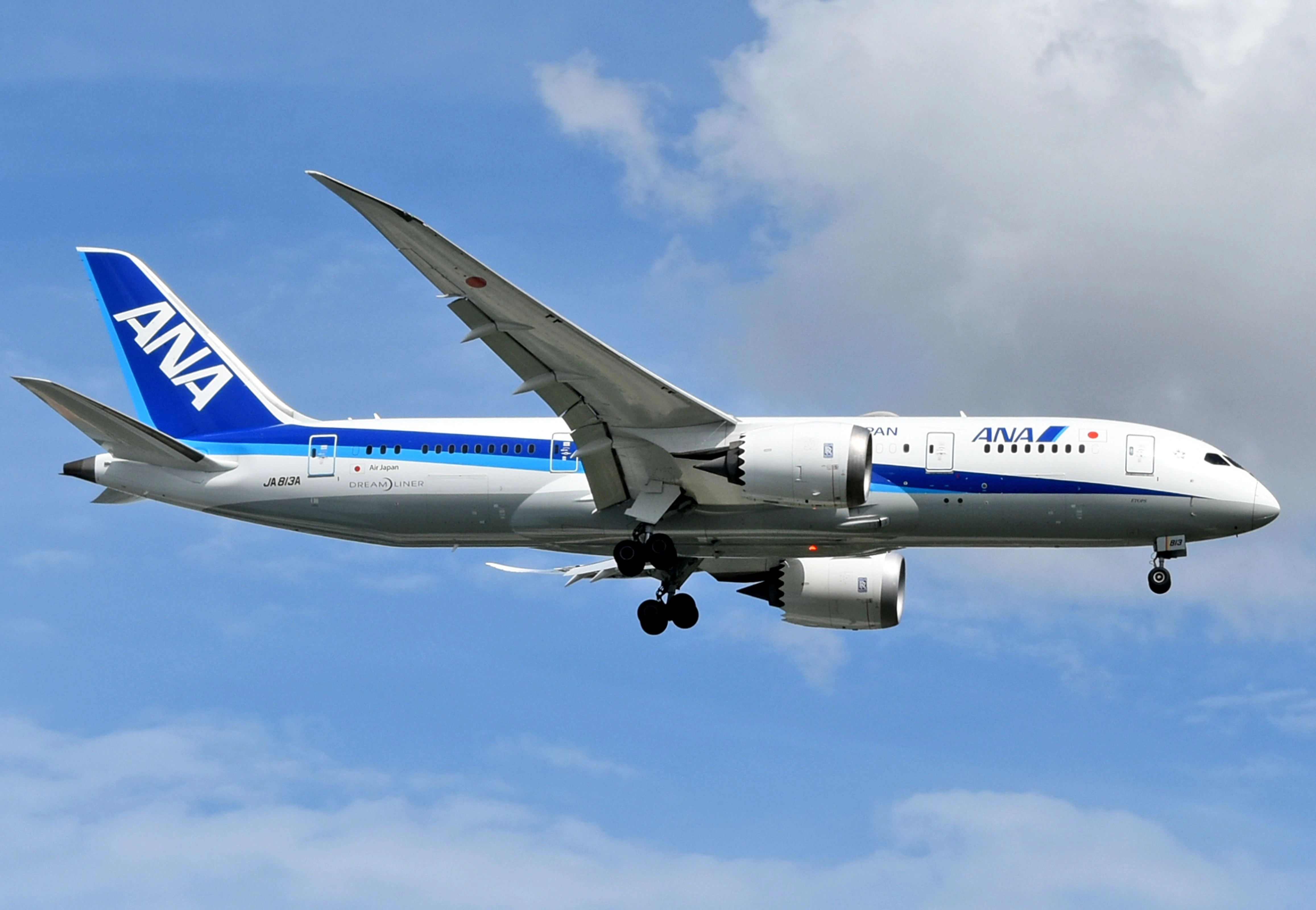 ANA Boeing 787 Dreamliner soaring in clear blue skies