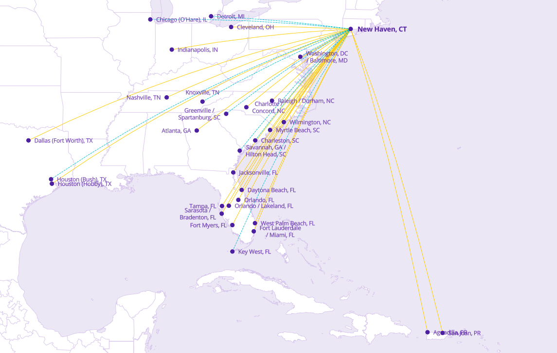 avelo airlines routes to newhaven USA