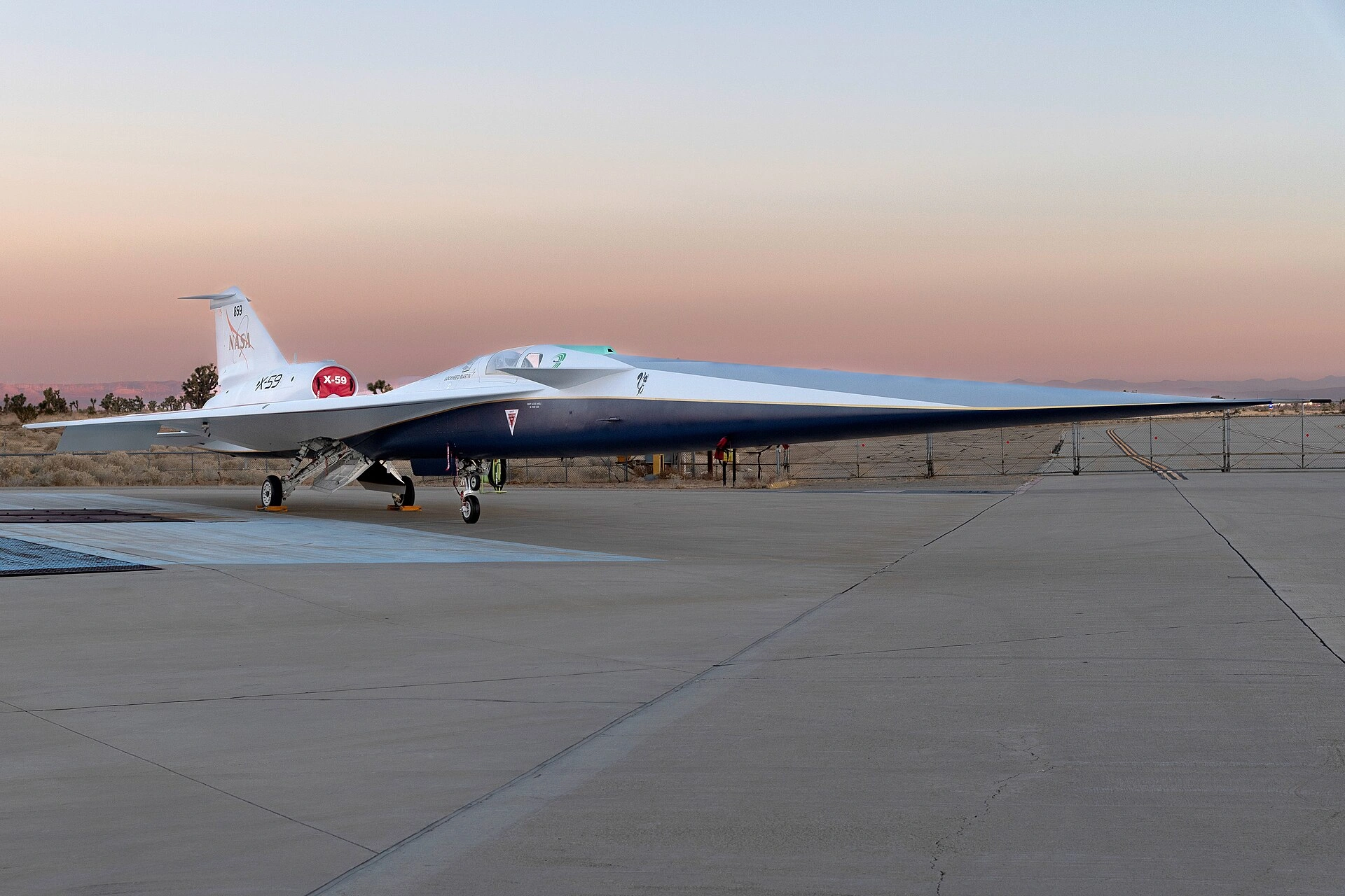 NASA's X-59 quiet supersonic research aircraft on the ramp at Lockheed Martin Skunk Works in Palmdale California